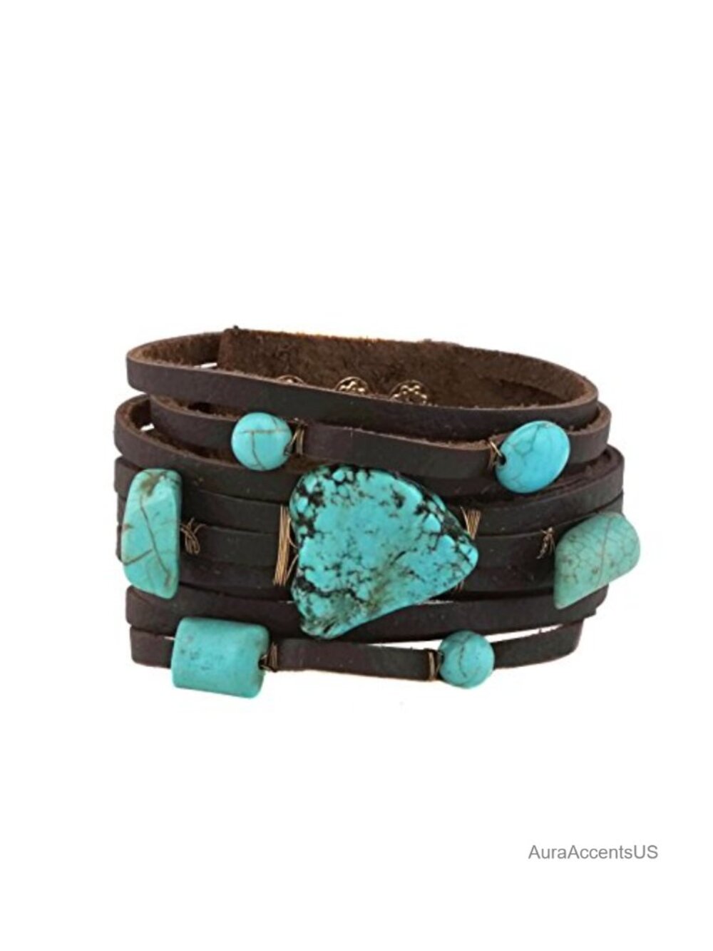 Synthetic Leather Multi-Row Turquoise Stone Wrap Bracelet with Button Closure